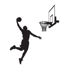 Black silhouette of a basketball player performing a powerful slam dunk into the hoop net Vector © Mita
