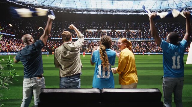 Cheerful soccer supporters are thrilled by team victory on immersive TV while delighted football fans enjoy a goal and stadium experience at home.