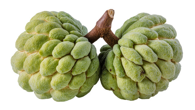 Isolated two fresh green custard apples with natural brown stem, healthy organic tropical fruits