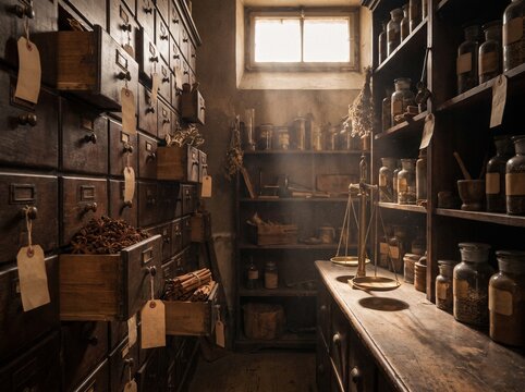 Vintage apothecary room with wooden drawers, jars, herbs and brass scale