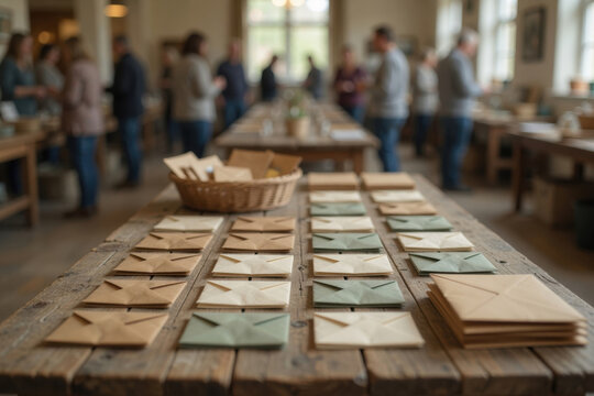 Handmade envelope paper craft rustic table workshop invitation wedding stationery basket brown green creative class focus blur group indoor wood folded design Co housing community living concept