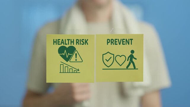 Out of focus athlete holding two yellow sticky notes on a glass pane, one illustrating health risks like heart problems and the other suggesting prevention through an active lifestyle