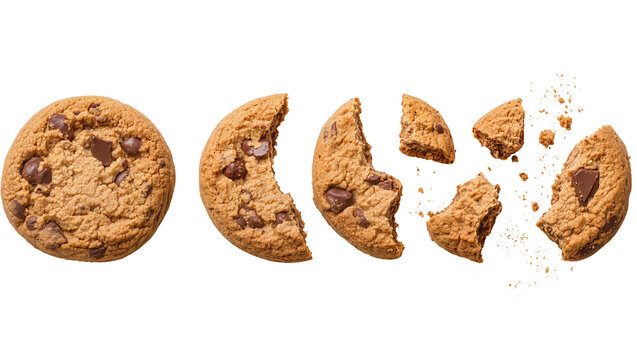 Isolated delicious chocolate chip cookie whole and breaking into pieces with crumbs flying