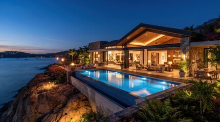 Fototapeta premium Modern cliffside house with infinity pool at blue hour