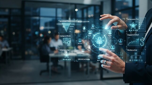 HR manager interacting with holographic human resources technology interface for enterprise talent management and digital workforce engagement solutions.