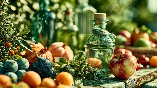 Late summer harvest still life with fresh apples, pumpkins, plums, herbs and green glass bottles in sunlight