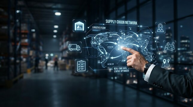 Business professional interacting with holographic supply chain management network for enterprise logistics optimization and digital distribution management solutions.
