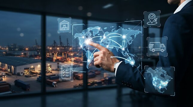 Business professional interacting with holographic supply chain management network for enterprise logistics optimization and digital distribution management solutions.