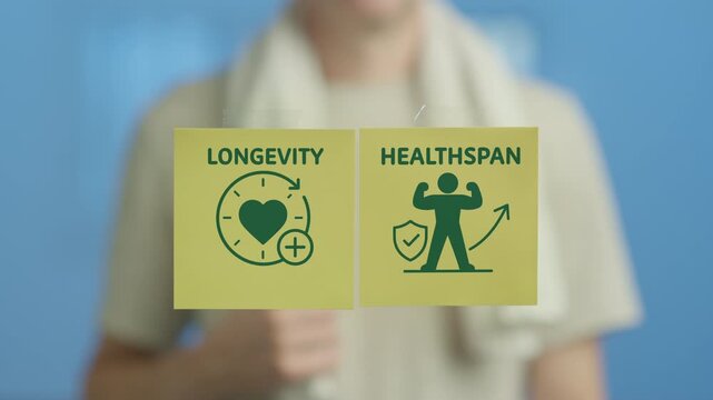 Out of focus individual in sportswear holding two sticky notes with icons for longevity and healthspan, highlighting the importance of quality of life over a long life for overall well being