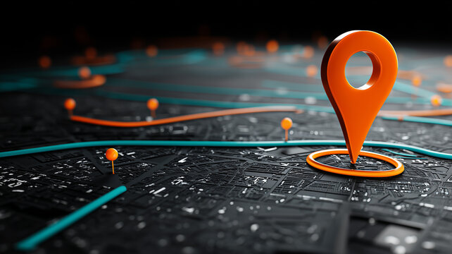 A location pin rising above a detailed digital map represents navigation, route planning, destination tracking, logistics, and connected urban mobility.
