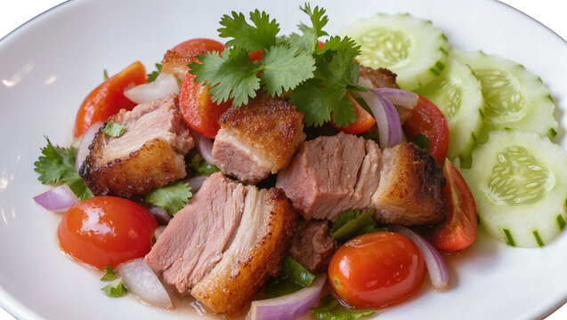 Isolated delicious crispy pork belly salad with fresh vegetables and crisp cucumber slices