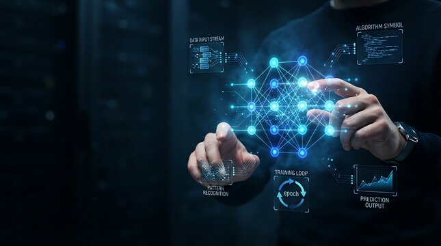 Technology professional interacting with holographic deep learning neural network icon for AI machine learning and enterprise artificial intelligence data science solutions.