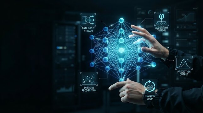 Technology professional interacting with holographic deep learning neural network icon for AI machine learning and enterprise artificial intelligence data science solutions.