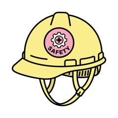 Fototapeta premium Isolated cartoon safety hard hat with gear emblem symbolizing workplace protection and focus