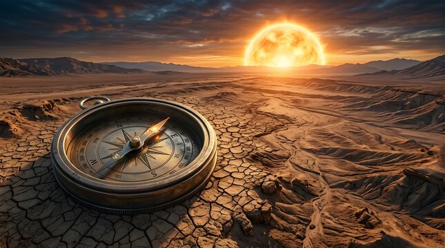 Vintage compass resting on dry cracked desert ground at sunset horizon