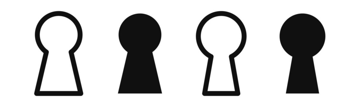 Keyhole icon set in outline and solid styles. Vector symbols for security, privacy, password protection, authentication, access control, cybersecurity, lock, safety and user interface design.