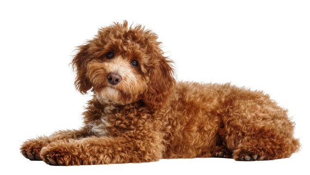 Isolated cute fluffy brown poodle puppy with curly fur lying down, looking straight at camera.