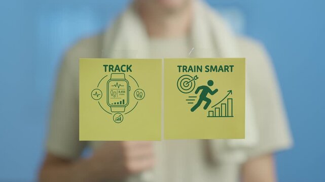 Male athlete placing sticky notes with fitness concepts like smart training and activity tracking on a glass board, illustrating a modern approach to achieving health and wellness goals