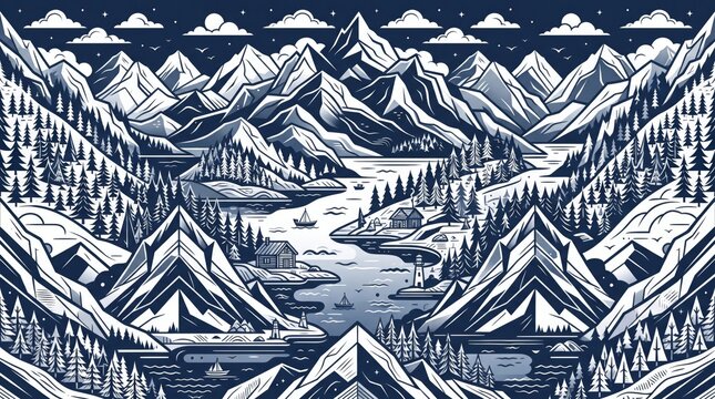 Norway pattern scandinavian mountains and fjord landscape with norwegian scandinavian rosemaling geometric ornament