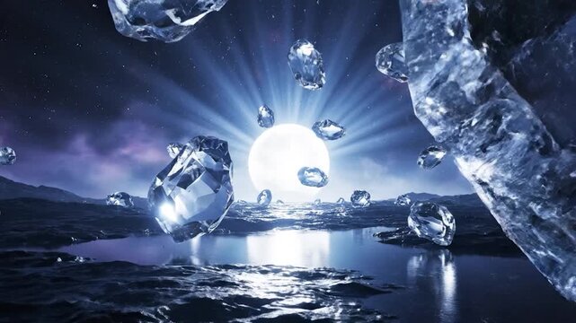 Glowing diamonds float over a dark alien landscape under a bright sun