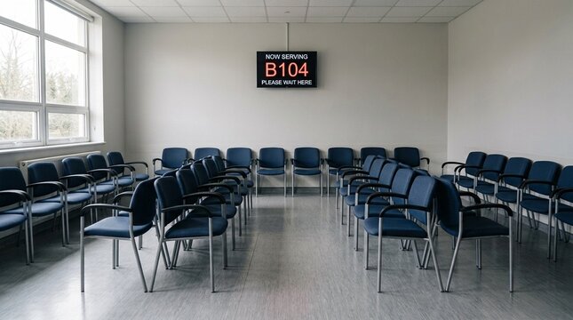 Empty waiting room chairs arranged in rows facing a wall-mounted queue number display | Medical Imaging Radiology Stock Photo