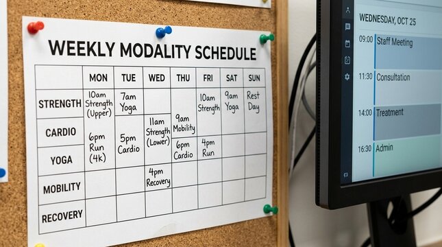 Weekly modality grid printed on paper and pinned to a corkboard beside a scheduling monitor | Medical Imaging Radiology Stock Photo