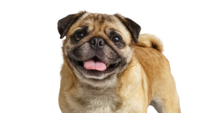 Isolated adorable happy smiling pug dog standing with tongue out, looking directly at camera