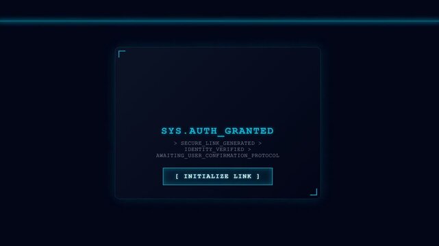 Futuristic Cyber Security HUD Interface Showing System Authentication Granted and Secure Link Initialization, Motion Graphics