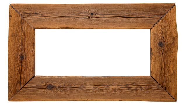 Isolated rustic wooden picture frame, natural wood grain texture and knots, empty for display