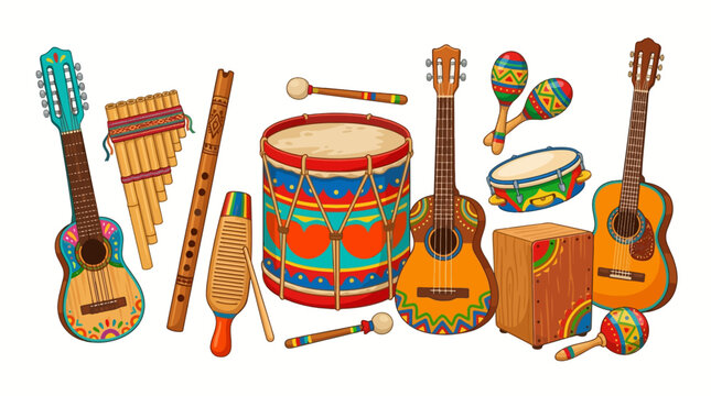 Colorful Latin American musical instruments set for festive celebration. Vibrant hand-drawn vector collection of folk music tools and percussion.