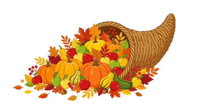 Autumn harvest cornucopia overflowing with pumpkins and fruits. Fall bounty horn of plenty filled with seasonal produce and gourds for Thanksgiving.
