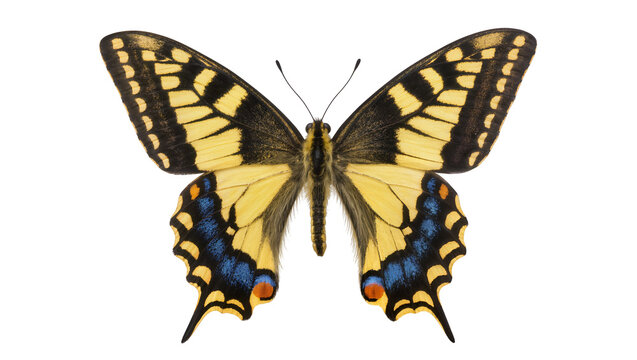 Isolated beautiful European swallowtail butterfly, vibrant yellow and black wings, detailed studio shot