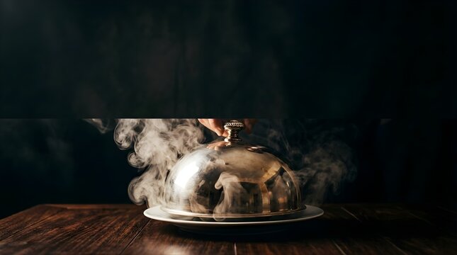 Chef hand holding a metal cloche over a steaming hot gourmet meal