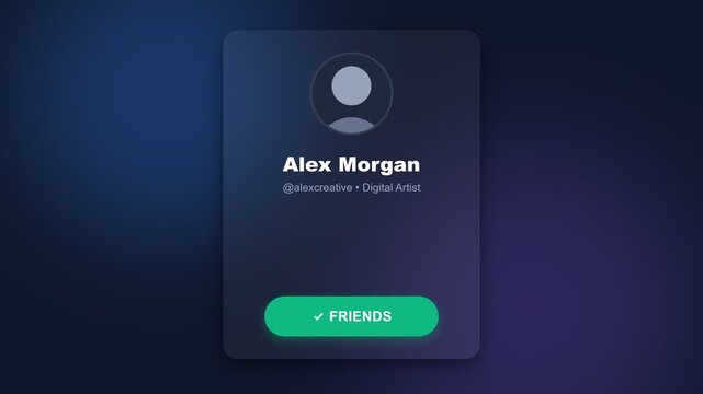 Social Media Profile Card Animation with Add Friend Button Click on Dark Gradient Background, Isolated on Solid Background