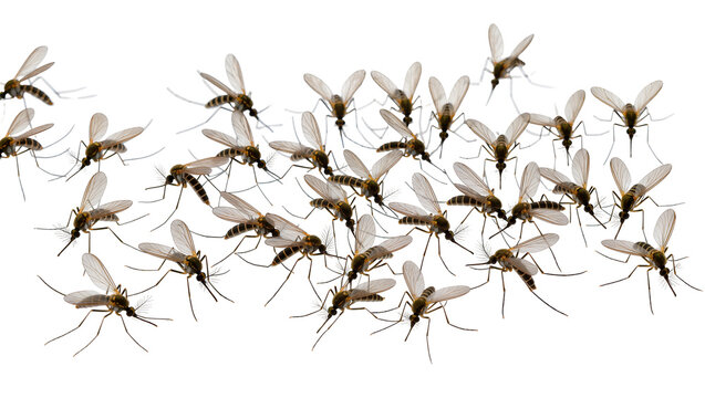Isolated common group of mosquitoes, irritating summer insect pests and disease vectors
