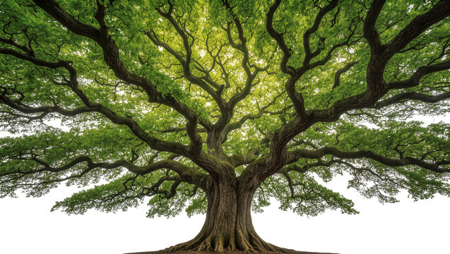 Isolated majestic old growth tree with vibrant green leaves and strong intricate branches