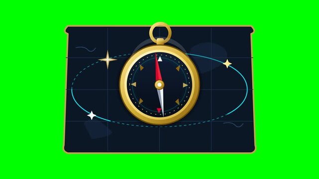 Vintage Golden Compass Navigation Tool Icon Animation on Green Screen.. 4k SVG Loop Animation