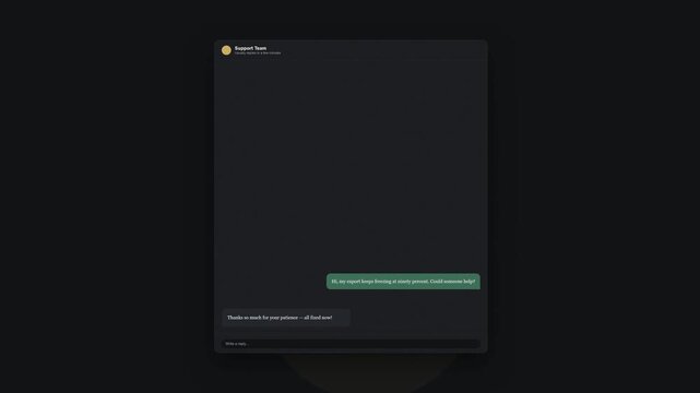 Customer Support Chat Interface Showing User Reporting Technical Issue and Agent Replying with Resolution, Dark Mode UI Animation Isolated on Solid Background