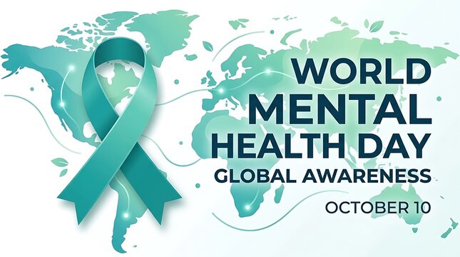 World mental health day banner with teal awareness ribbon and world map illustration awareness wellness psychology
