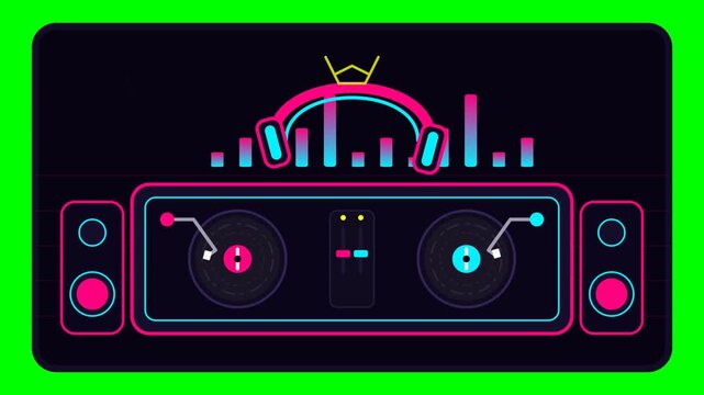 Neon DJ Turntable Music Console Animation with Audio Visualizer and Headphones.. 4k SVG Loop Animation