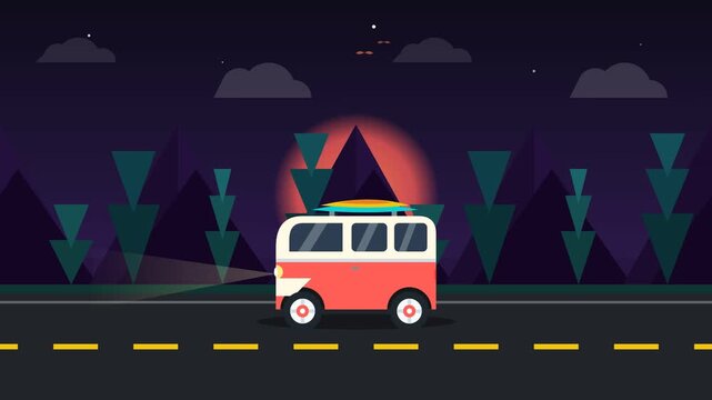 Retro Camper Van Driving Through Scenic Night Landscape Flat Animation.. 4k SVG Loop Animation