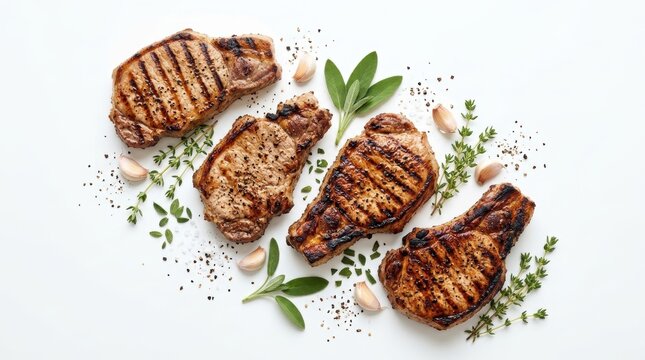 Grilled Meat Steaks with Herbs and Spices on White Background.