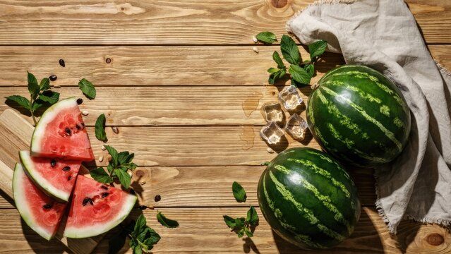 Top view of watermelons and slices with copy space on wooden table for National Watermelon Day August 3rd