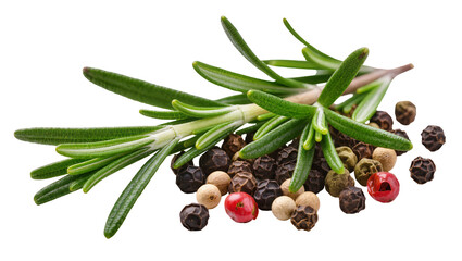 Isolated fresh rosemary herb sprig with various colorful peppercorns spices mix for cooking © David