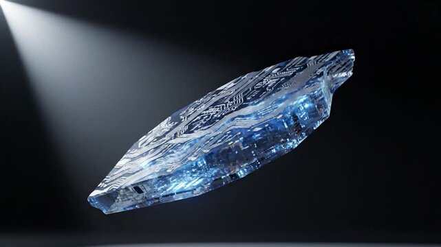 A glowing blue crystal shard floats in a dark spotlight