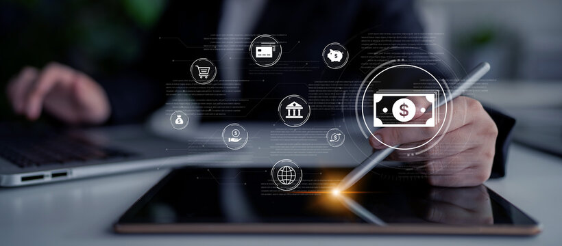 A fintech concept showing a network of digital banking services. This includes secure online payments, global transactions, and e-commerce for the modern financial system. Fermion