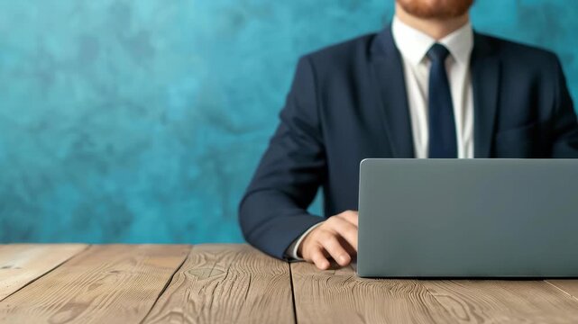 Professional Man Working on Laptop: A well-dressed businessman in a suit sits at a wooden desk with a laptop, poised for work against a textured blue background.