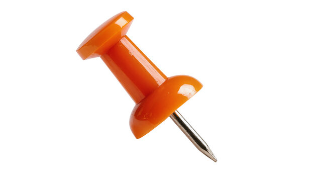Isolated bright orange plastic pushpin with metal needle, essential office stationery item.
