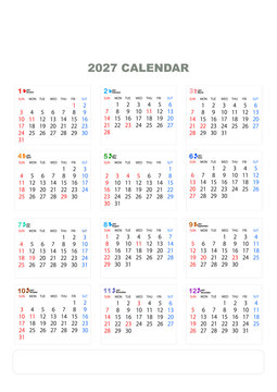 2027年日本の祝祭日年間カレンダー シンプルなデザイン 12ヶ月一覧