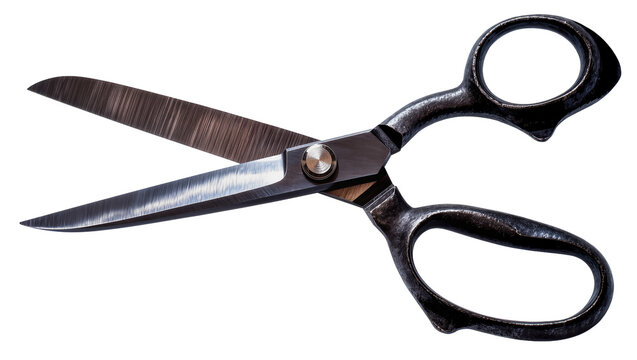 Isolated metal tailoring scissors with dark handles, blades slightly open, professional cutting tool